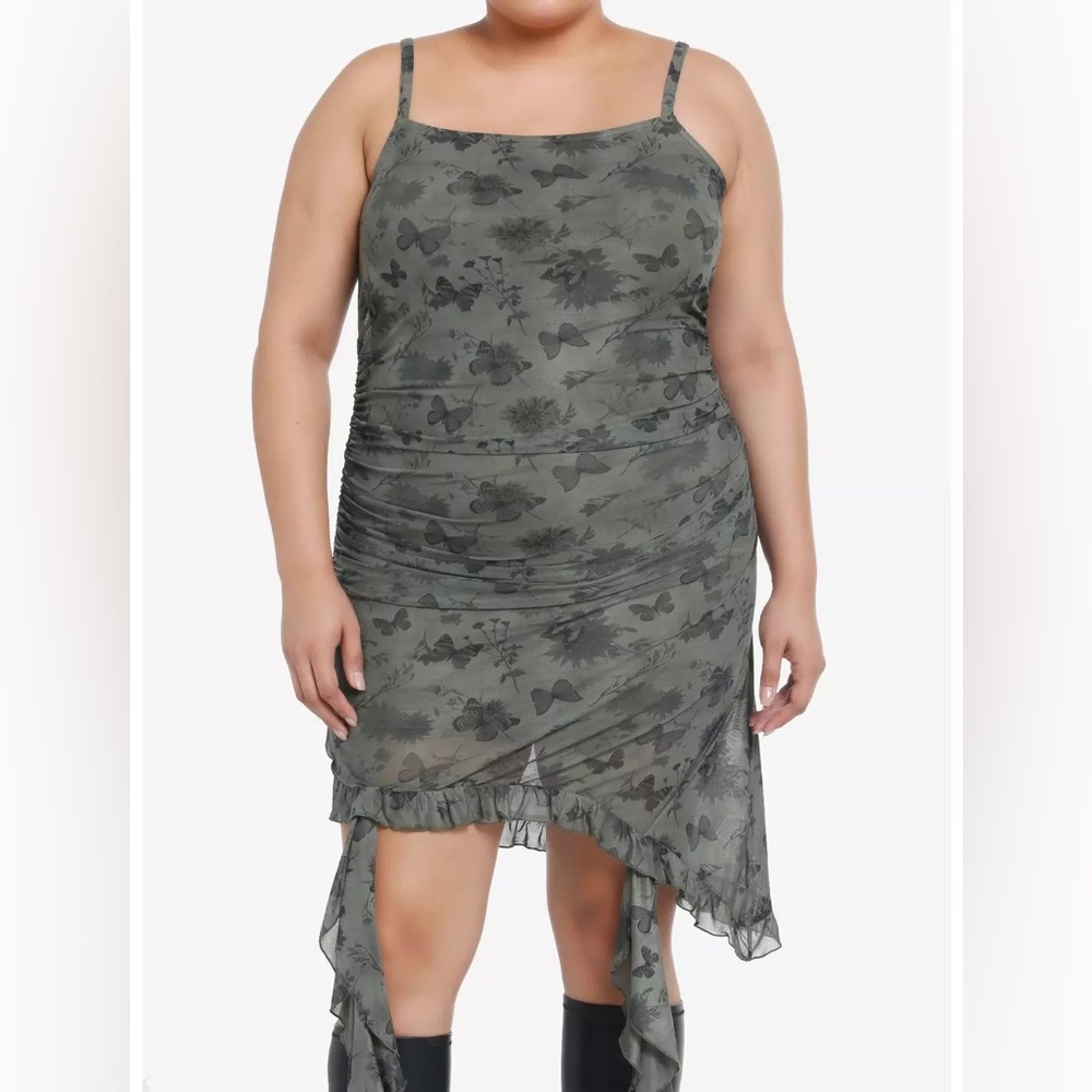 Thorn & Fable Olive Butterfly Ruched Mesh Dress Size 3 whimsigoth dark fairy
